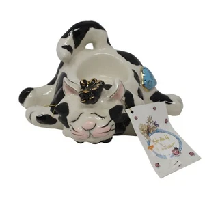 Heather Goldminc Stanley Black White Tabby Cat Tealight Candle Holder - Picture 1 of 8