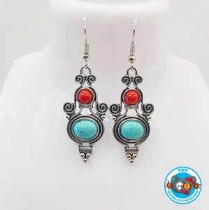 EARRINGS - SILVER TURQUOISE & RED SYNTHETIC STONE BOHEMIAM STYLE PATTERN - Picture 1 of 1