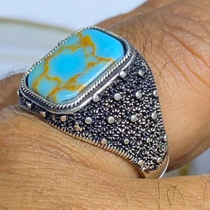 Anillo de plata 925 hecho a mano piedra preciosa turquesa azul natural regalo para hombre - Imagen 1 de 8