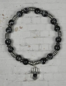 Silver Hamsa Hand Marbleized Glass Tube Spacer Stretch Bracelet Handmade 8" New - Picture 1 of 3