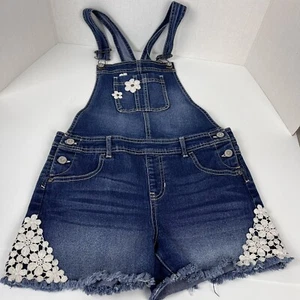 Jordache Girls Denim Bib Overall Shorts Lace Flowers Size XL 14-16 - Picture 1 of 9