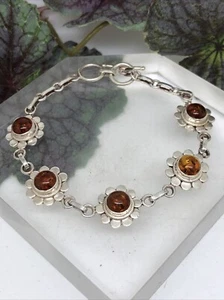 Cognac Baltic Amber Cabochon Flower Link 925 Sterling Silver Bracelet H💫 - Picture 1 of 12