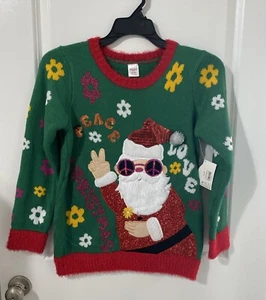 Holiday Time Girl’s Christmas Sweater Groovy Santa Peace Sign Green/Red XXL 18 - Picture 1 of 10