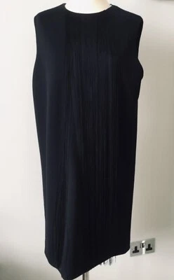 ‪LANVIN WINTER 2014 BLACK WOOL SLEEVELESS SHIFT DRESS FRINGES ZIP DETAIL SIZE 44 - Image 1 of 4