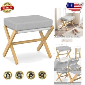 Elegant Folding Vanity Stool - Thick Cushion with Bamboo X Legs for Comfort - Picture 1 of 10