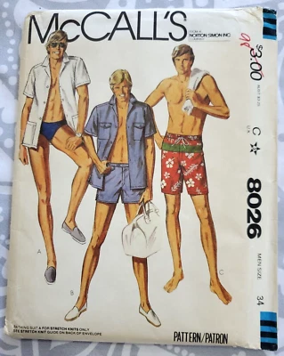 McCall's 8026 Men's Bathing Suit Pattern, Beach Shirt, size 34 Uncut - Image 1 of 2
