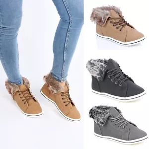 Womens Ladies Trainers Sneakers Lace Faux Fur Hi Top Walking Outdoor Shoe - Picture 1 of 9