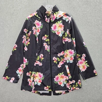 Susan Graver Women Jacket Small Black Floral Windbreaker Raincoat Hooded - Image 1 of 4