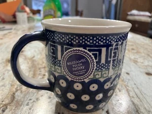 boleslawiec polish pottery 10 oz handmade mug blue green handmade nwt - Picture 1 of 5