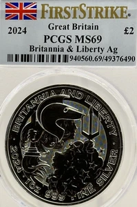 2024 U.K. 2 Pound Silver Britannia & Liberty 1 oz PCGS MS69 FS Flag Label #2548 - Picture 1 of 4