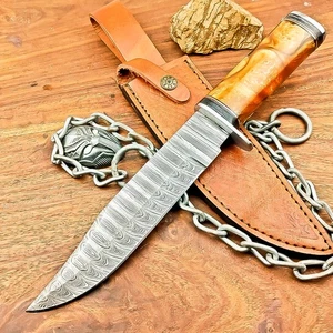 COLTELLO ACCIAIO DAMASCO PERSONALIZZATO fatto a mano coltello da caccia Bowie COLTELLO CON FODERO IS-7403 - Foto 1 di 10