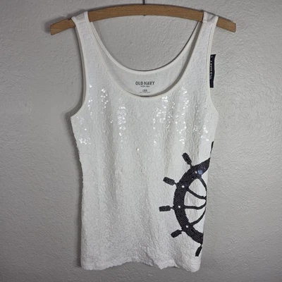 Old Navy Shirt Womens Petite Size L White Sequin Tank Top Helm Print - Image 1 of 4