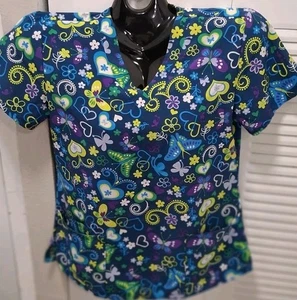 Preowned Ladies Scrub Top Small Floral Pattern Multicolor - Picture 1 of 4