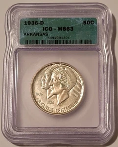 1936 D Arkansas Centennial Commemorative Silver Half Dollar MS63 ICG - Bild 1 von 4