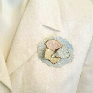 Vintage Signed Mid-Century Modern Ceramic Art Brooch Large Statement W/Gold Trim - Picture 1 of 5