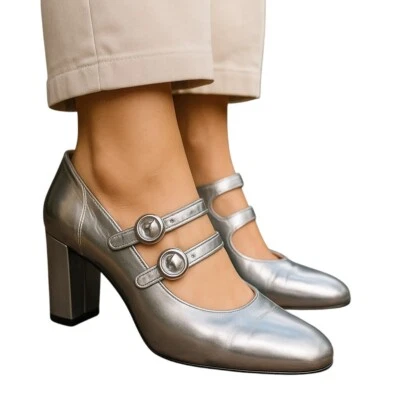 Tacones J.Crew 9 para mujer plateados Maisie Mary Jane bomba sintética bloque punta redonda Foto 1 de 4