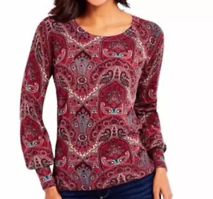 Talbots Merino Wool Sweater Women’s XL Red Paisley Knit Pullover Boho Career - Picture 1 of 12