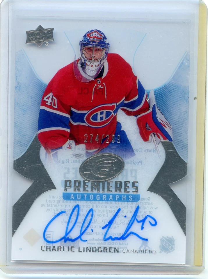 2016-17 Upper Deck Ice Ice Premieres Autographs #IPA-CL Charlie Lindgren 274/299 - Image 1 of 2