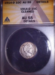 1914-D Barber Dime, ANACS AU 55 , Good Clean Coin - Picture 1 of 2