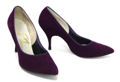 Vintage 50's Pointy Toe STILETTO Heels 6.5 B PINUP Shoes Velvet Suede PURPLE - Image 1 of 4