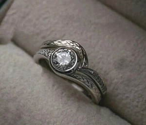 Art Deco Round Lab Created Diamond Filigree Wedding 925 Silver Bridal Ring Set - Picture 1 of 9