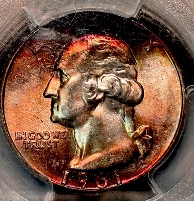 1961 PCGS MS-65 25C Washington Quarter, Silver Rainbow Toned!!!! - Imagem 1 de 3