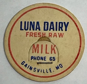 Tappo di bottiglia di latte vintage LUNA DAIRY, Gainsville, MO Missouri - Foto 1 di 2