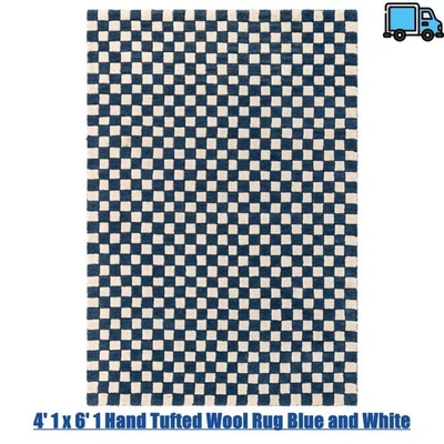 4' 1 x 6' 1 Hand Tufted Wool Rug Blue and White - Image 1 of 4