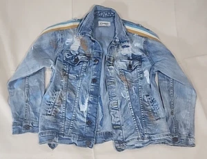 FWRD Youth Sz 10-12 Denim Jacket StoneWash Paint Splatter Stripe Gen Z Kylie Y2K - Picture 1 of 11