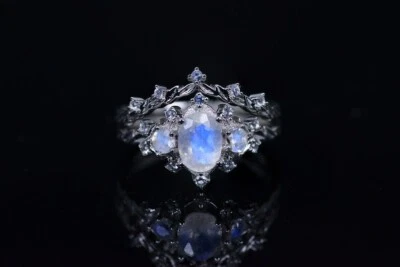 Juego de anillos de boda Art Deco de plata de ley 925 con piedra lunar natural de corte ovalado para ella Foto 1 de 4