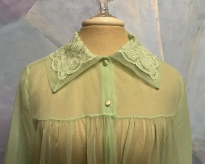 Vtg Green Sheer Nylon Chiffon Peignoir Robe Gaymode  lace Collar S/M - Image 1 of 4