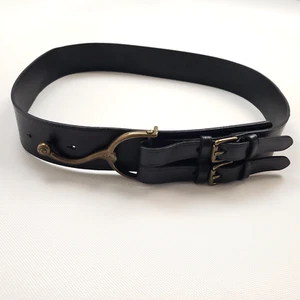 Ralph Lauren Belt Large Equestrian Double Buckle Stirrup Tri Strap Black Leather - Picture 1 of 15