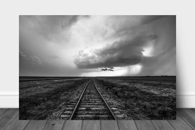 Storm Metal Print: Kansas Train Tracks Railroad Black & White Adventure Wall Art - Image 1 of 4