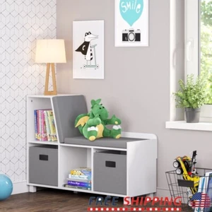 Kids Toy Storage Bench Cubby Organizer W/ 2 Fabric Bins Indoor Furniture White - Picture 1 of 8