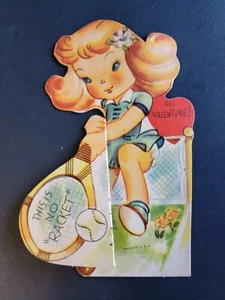 ""This Is No Racket"" Tenis Girl De colección C1940 troquelado San Valentín" - Imagen 1 de 3