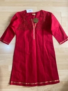La Fille Women's Girls Linen Indian Kurta Dress Top Red L/36 - Picture 1 of 10