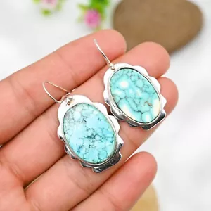 Natural Turquoise Gemstone Earrings Handmade 925 Sterling Silver Jewelry Gift - Picture 1 of 5