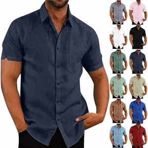 Men Cotton Linen Shirt Casual Button Down Shirts Short Sleeve Beach Summer Shirt - Picture 1 of 51