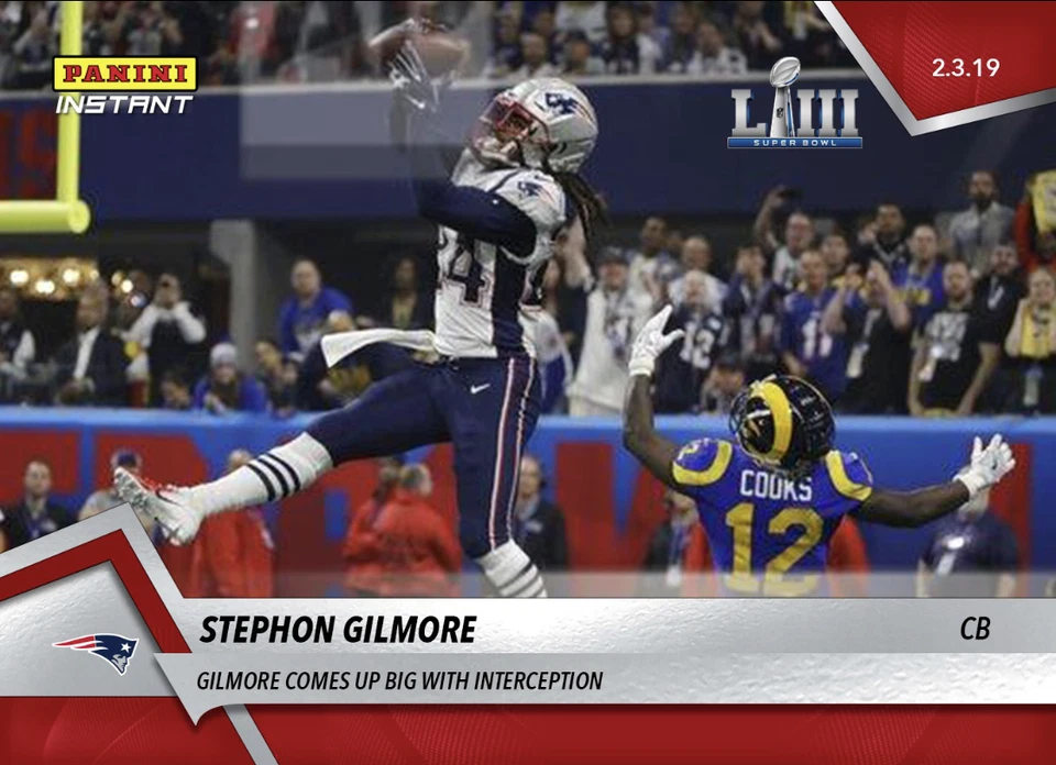 2018-19 STEPHON GILMORE COMES UP BIG WITH INTERCEPTION PANINI INSTANT CARD #433 - Image 1 of 2