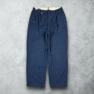Vintage 40s Wool Striped Distressed Pleated Trouser Pants Cuffed Blue Size 27x27 - Image 1 of 4