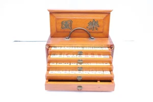 ATQ MAH JONGG SET KNOCHEN BAMBUS SELTEN HANDGESCHNITZT MAHJONG DICKE FLIESEN Holzkiste - Bild 1 von 13