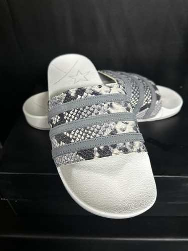 Adidas Adilette Slide bianco grigio grigio pelle di serpente uomo taglia USA 10 NUOVE CON SCATOLA