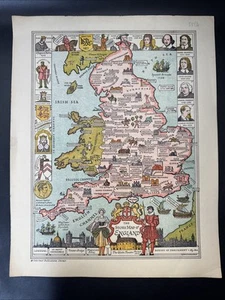 Vintage England Map, The Story Map of England Colortext Publications 1930's - Picture 1 of 12