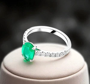 1.30 Ct Oval Cut Lab Created Green Emerald Gemstone Diamond Ring 950 Platinum - Picture 1 of 6
