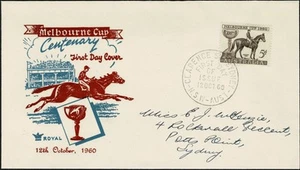 1960 5d conmemorativo 100ª Copa Melbourne cubierta real azul marrón FDC GPO Sydney. - Imagen 1 de 2