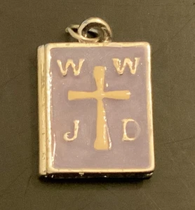 Ciondolo croce libro Bibbia smalto viola Gesù argento sterling 925 WWJD cosa farebbe - Foto 1 di 9