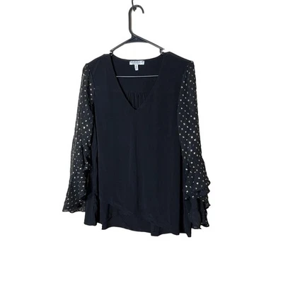 Blusa CHAUS Mujer Talla M Negra Dorada Cuello en V Volantes Elegante NUEVO CON ETIQUETAS Foto 1 de 4