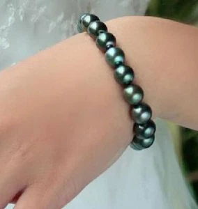 7.5"8-9MM NATURAL TAHITIAN GENUINE BLACK BLUE ROUND  PEARL BRACELET - Picture 1 of 1