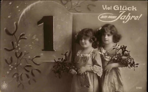 Grusskarte Glück NEUJAHR Neues Jahr ~1910 Kinder Mädchen vor großer "Eins" - Picture 1 of 2