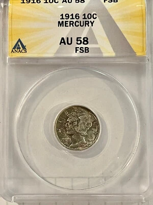 1916 Mercury Dime AU58 FSB ANACS graded first year of issue (751.35) - Image 1 of 2